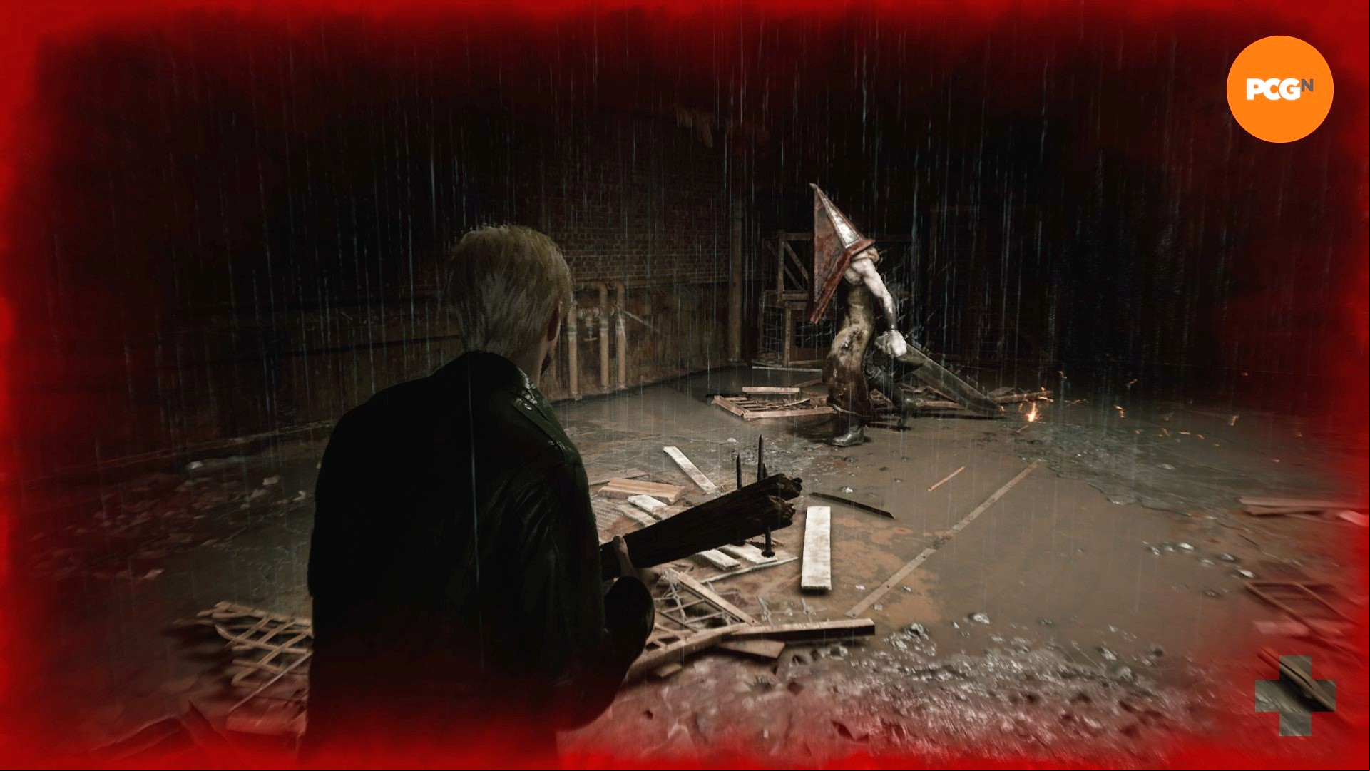James holds up a melee weapon as Pyramid Head drags his great knife along the ground towards the player in the Silent Hill 2 Pyramid Head boss battle.