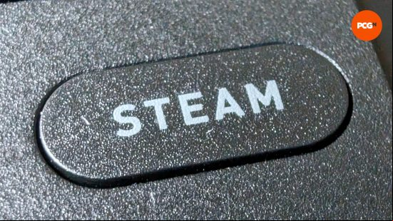 A close-up of the 'Steam' button on the Steam Deck OLED