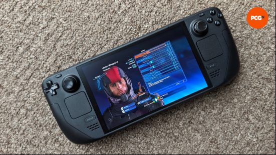 The Steam Deck OLED featuring a screenshot from Mass Effect on its display