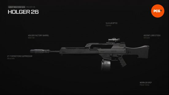 Best Holger 26 loadout: a futuristic looking weapon with a drum style magazine.
