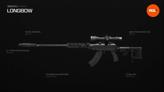 Best Longbow loadout: a long black rifle, with a large scope and a curved magazine.