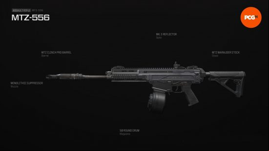 The best MTZ 556 Warzone loadout with attachment names included on a black background.