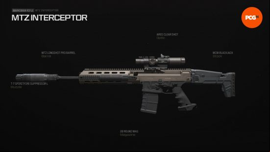 Best MTZ Interceptor loadout: a long black and being rifle with a scope and suppressor attachment.