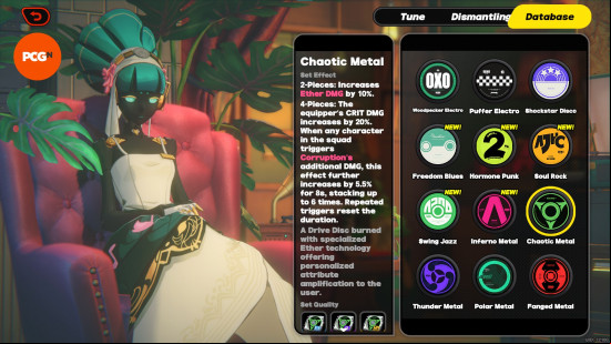 The Chaotic Metal ZZZ Drive Disk and its stats.
