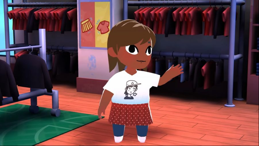Coffee Talk meets Animal Crossing in stunning cozy Steam game: Image of a cartoony character wearing a white shirt and red skirt waving their hand inside a building.