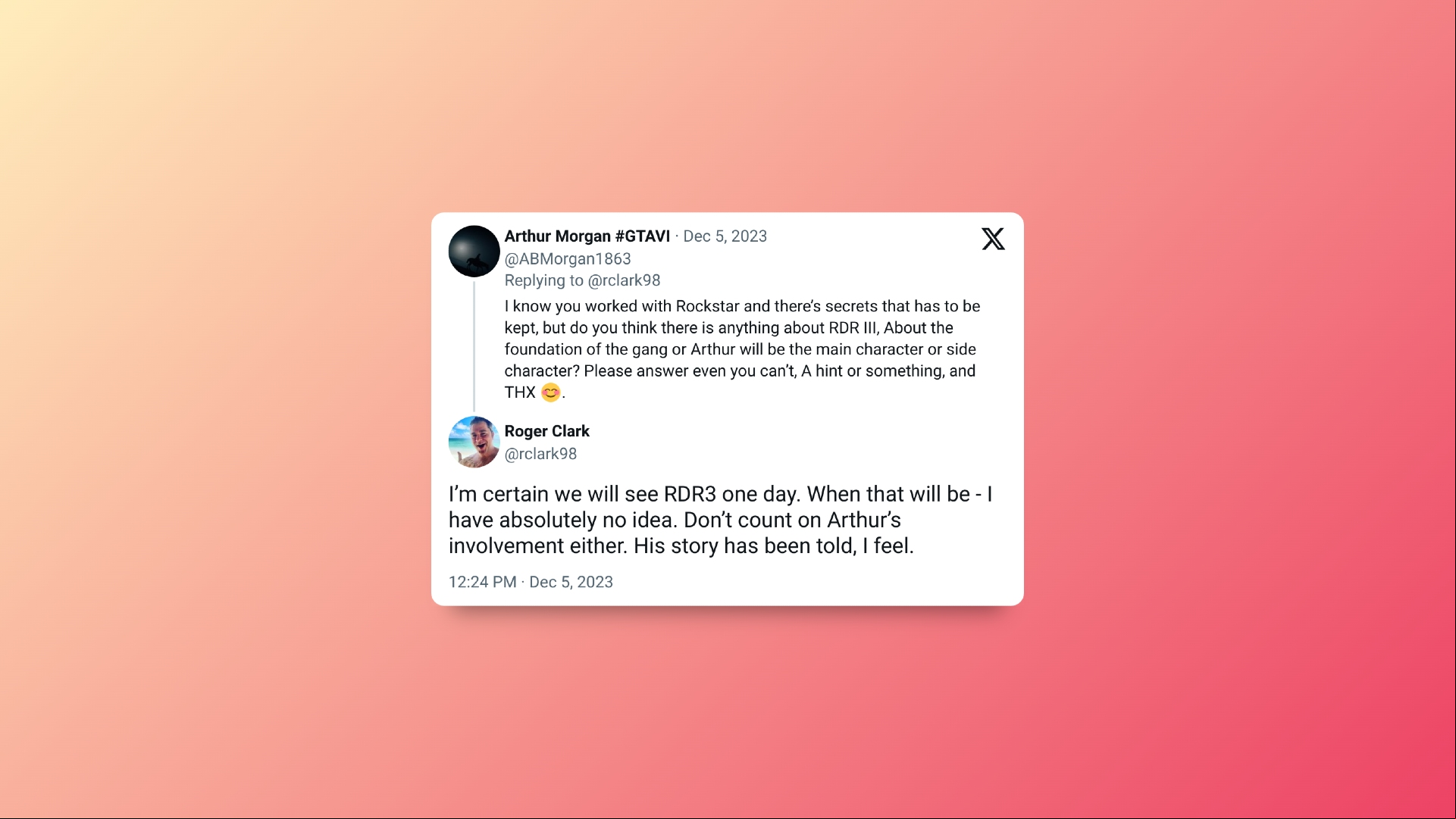 Red Dead Redemption 2 Arthur Morgan actor Roger Clark's post on Twitter confirming his thoughts on Red Dead Redemption 3