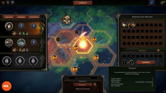 The main map screen in Against the Storm, showing a completed town and the next potential spot and its modifiers.