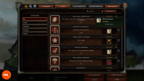 The Deeds menu in Against the Storm, which acts as a growth and progression mechanic between each run.