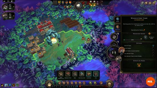 An early-game look at a town in Against the Storm with the Woodcutter's Hut highlighted to show its effective range.