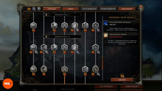 The upgrades screen in Against the Storm, showcasing the various permenent buffs that can be earned through subsequent runs.