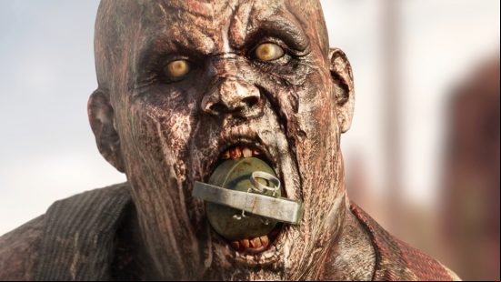 Close-up of a zombie with a grenade in his mouth.