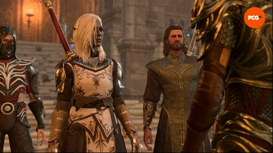 Two characters stand asking a guard for assistance in a medieval city setting