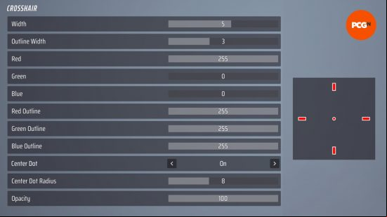The best The Finals crosshairs: red crosshairs shown with the setting to replicate them.