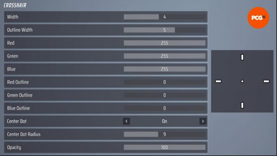 The best The Finals crosshairs: white crosshairs shown with the setting to replicate them.