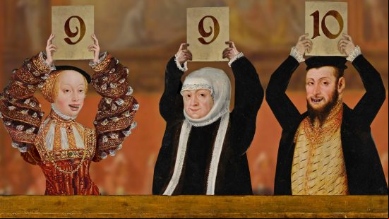 Best medieval games: Three courtiers hold up score cards in The Procession to Calvary.