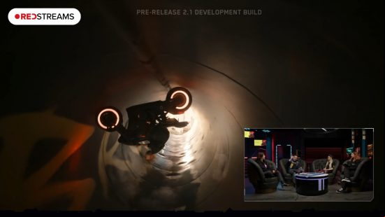 Cyberpunk 2077 bike stunts - A motorcycle drives upside-down in a concrete tunnel.