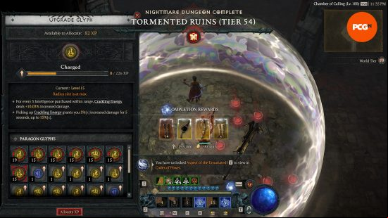 Diablo 4 patch 1.2.3 - A Sorcerer completes a Nightmare Dungeon and levels up their Paragon Glyphs.