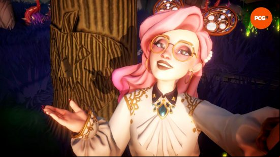 A pink-haired player character takes a selfie next to the Dreamlight Valley pumpkin tree.