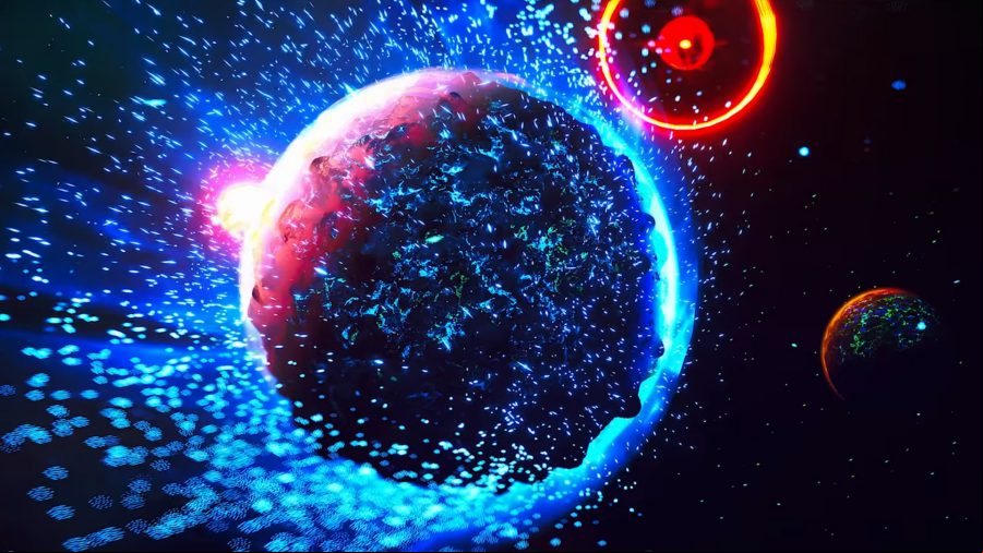 Gatekeeper - A planet in space is showered with glowing blue energy.