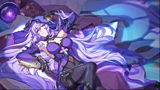 Black Swan, one of the latest Honkai Star Rail characters, reclines on a pile of cushions as she scrutinizes the latest memories in her collection.