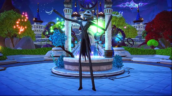 Jack Skellington stands in front of the Plaza Wishing Well in Dreamlight Valley.