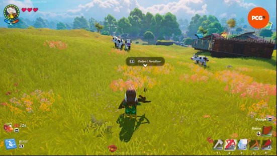 Rogue is about to pick up a dung pile, which is Lego Fortnite fertilizer. Some cows are nearby and are the ones who laid the cow pats.