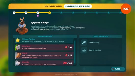 The requirements to upgrade a Lego Fortnite village to level 4.
