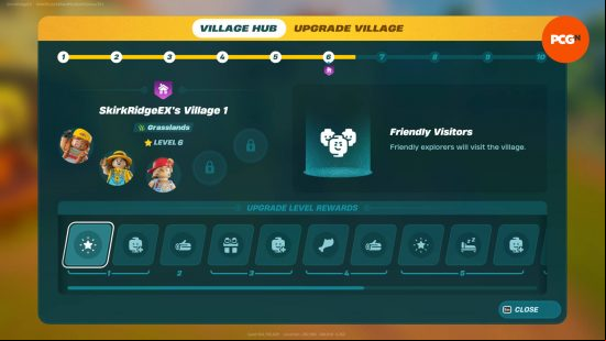The Lego Fortnite villagers upgrade screen, with the villager level indicating the current perks.