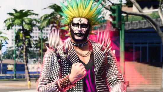 Aperson with spiky green and yellow hair and face paint.
