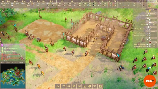 Multiple Pioneers of Pagonia workers gather around a building, either carrying materials, digging, or building.