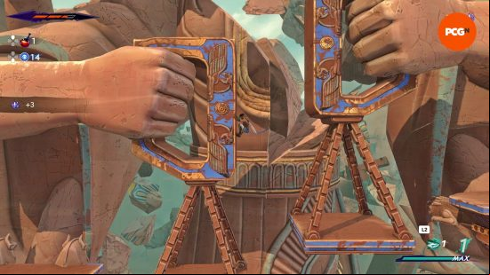 Prince of Persia The Lost Crown preview: Sargon parkours his way up an enormous ornate statue in Mount Qaf.