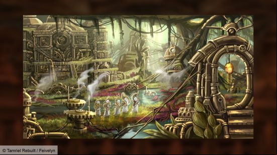 Art of a golden city, with clockwork devices and pipes around. 