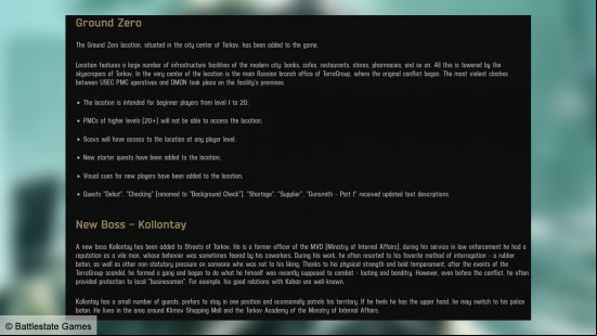 A page from Escape From Tarkov's patch notes. 