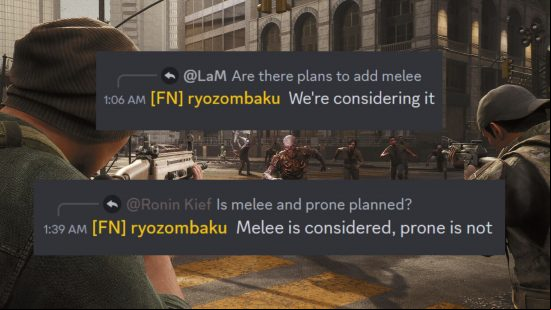 The Day Before melee: a background shot from the game, with the forground showing a Fntastic dev talking about melee on Discord