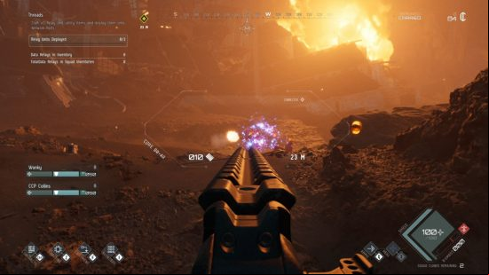 The burned Eve Vanguard battlefield glows orange as the player aims down sights