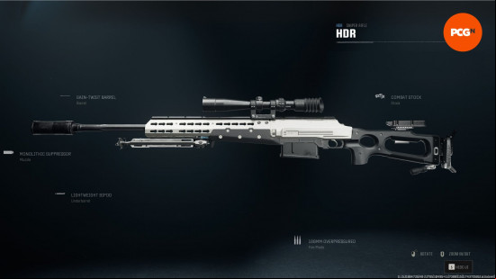 Best Warzone sniper rifles: a long, silver sniper rifle with supressor attachment.