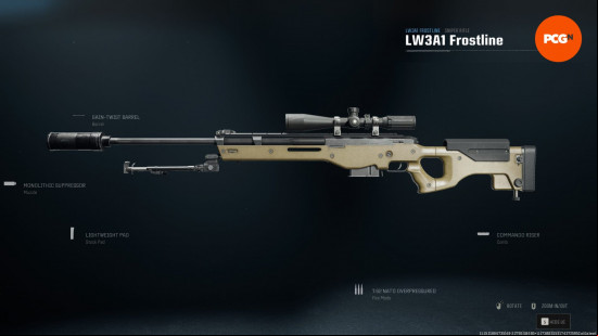 Best Warzone sniper rifles: a modern looking sniper rifle with a beige body and large scope.