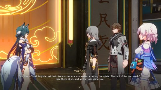 Yukong laments the loss of the Cloud Knights aboard the Luofu in Honkai Star Rail, though the emotional intensity is undercut by the presentation of characters standing idle.
