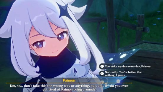 Paimon smiles coyly as she asks the Traveler if they get ever tired of her in Genshin Impact.