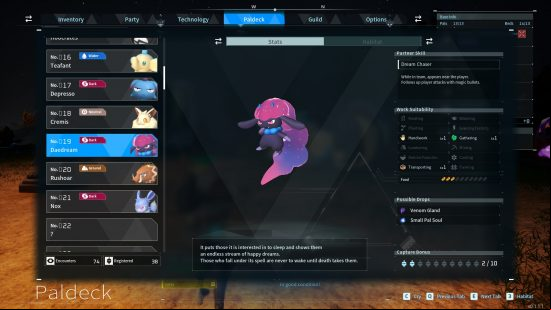 All Palworld pals: a data screen showing the pal Daedream