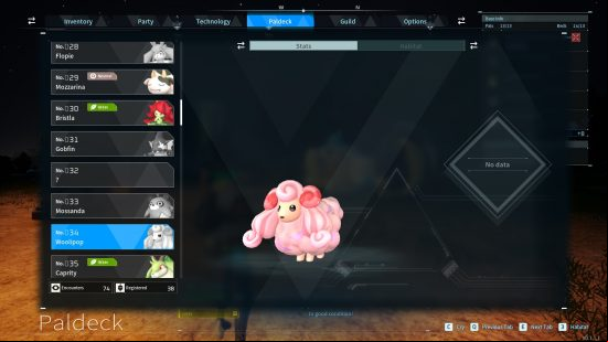 All Palworld pals: a data screen showing the pal Woolipop