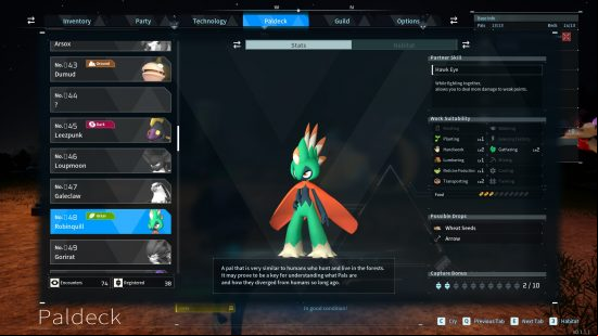 All Palworld pals: a data screen showing the pal Robinquill