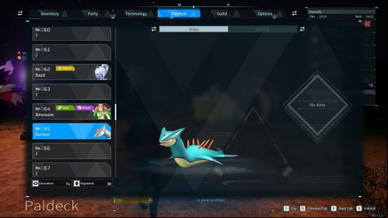 All Palworld pals: a data screen showing the pal Surfent