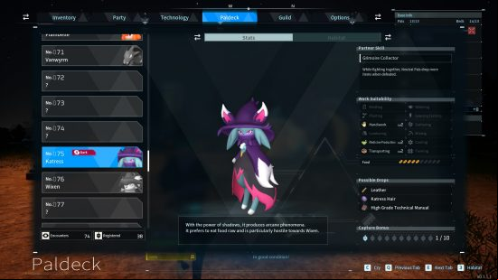 All Palworld pals: a data screen showing the pal Kattress
