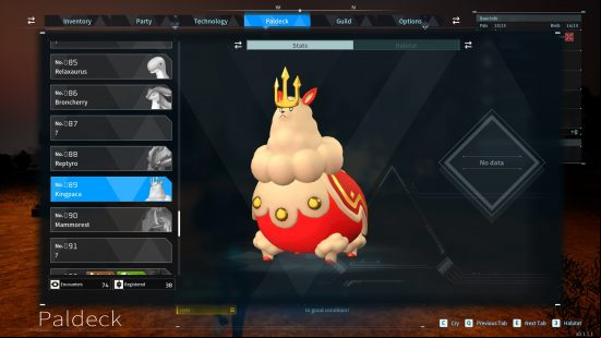 All Palworld pals: a data screen showing the pal Kingpaca