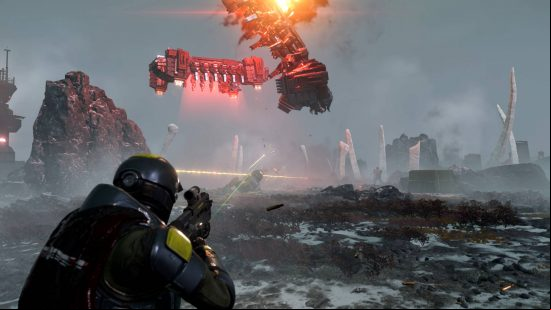 The player watches on as a spacecraft crashes onto the planet in Helldivers 2, one of the best coop games.