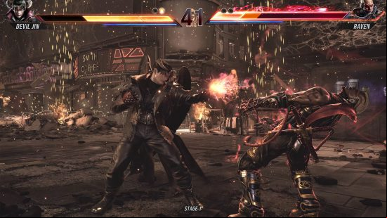 Best fighting games: A battle ensues in Tekken 8 as Devil Jin fires a shot at Raven, who bends backwards to avoid it