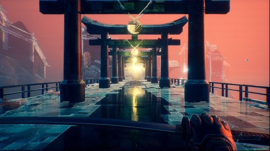 Best FPS games: a first-person view of a character holding a sword looking down a corridor of pillars