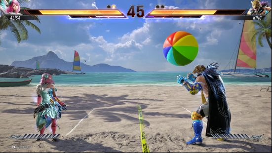 best multiplayer games: a woman with pink hair in a blue dress stands on the beach as she waits for a man wearing a lion mask to  her a beach ball