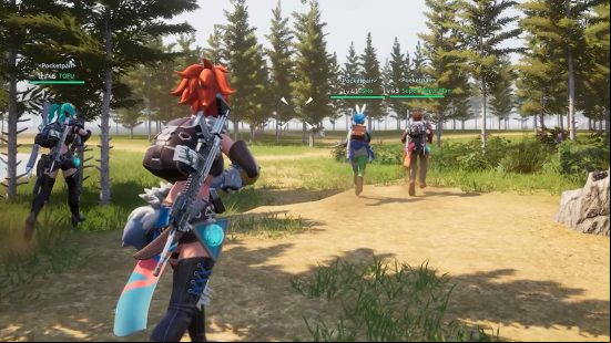 best multiplayer games: four PalWorld trainers run on grassy terrain as they head towards several trees